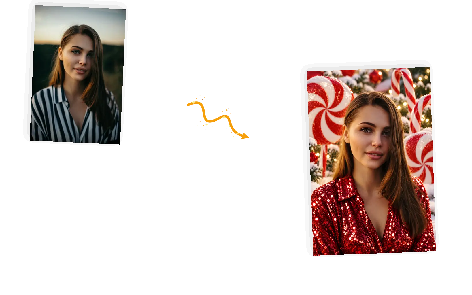 A single uploaded portrait on the left and its festive result on the right, no setup steps between them.