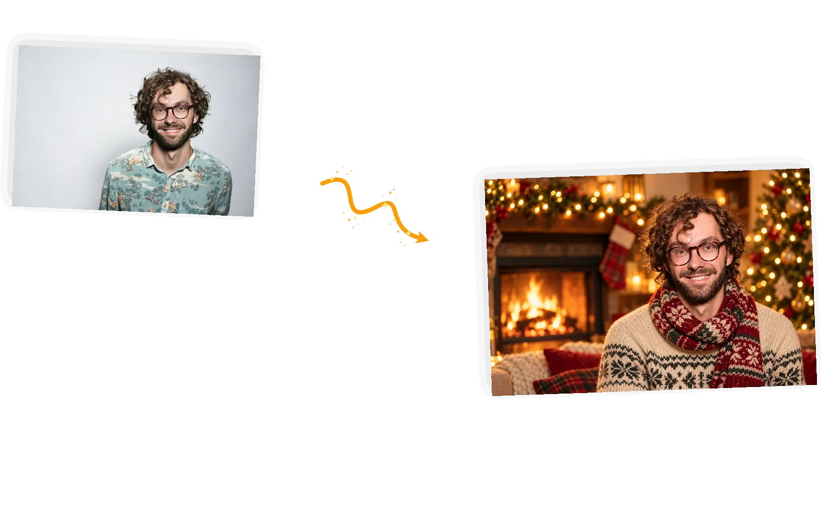The same portrait before and after the festive edit, the face unchanged in both.