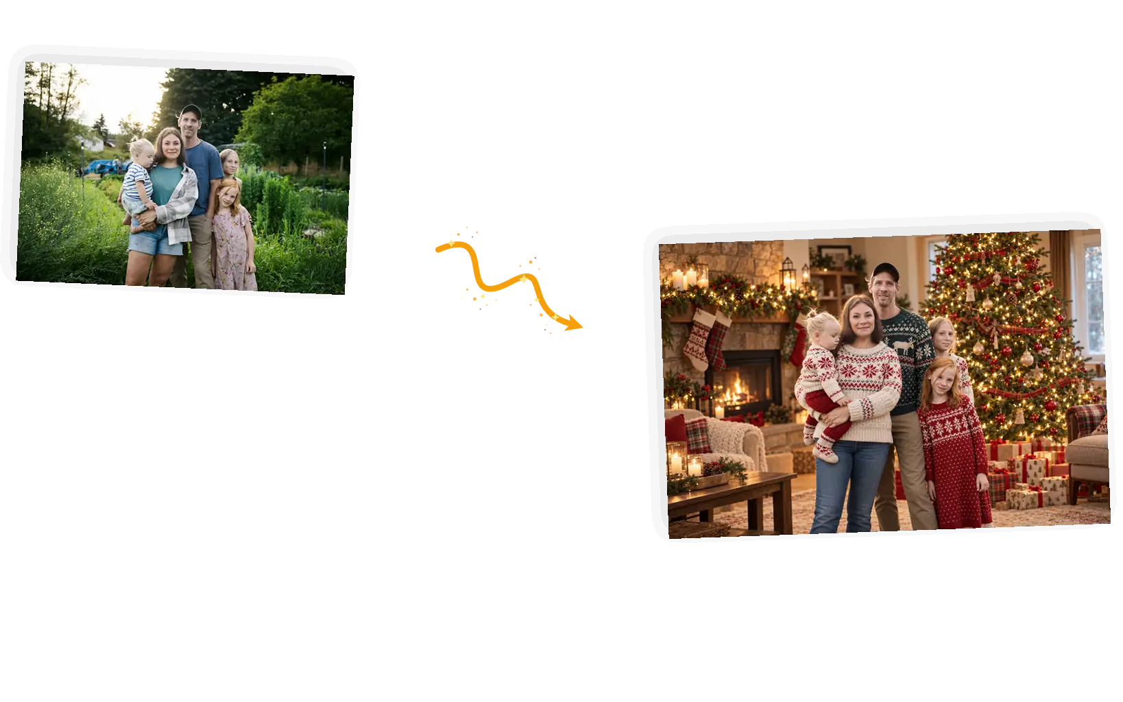 Two festive results generated from one uploaded photo with two different prompts.
