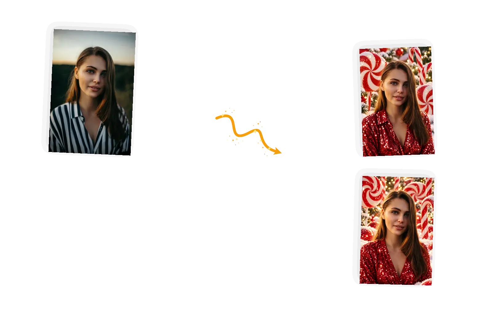 The editor prompt field with one line edited between two runs of the same photo.