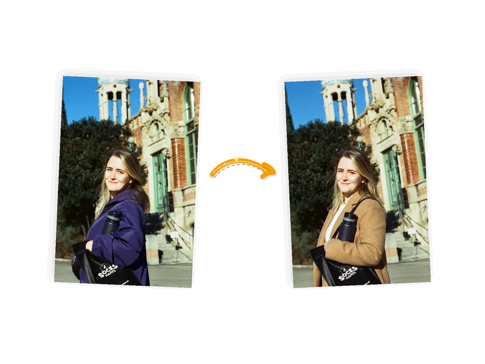 Before and after: a purple jacket swapped for a camel coat with the background unchanged
