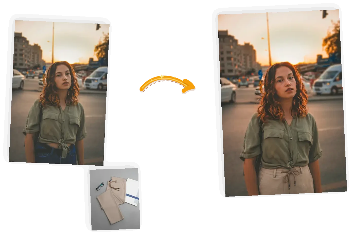 Before and after: her blue jeans swapped for beige trousers from a garment reference photo