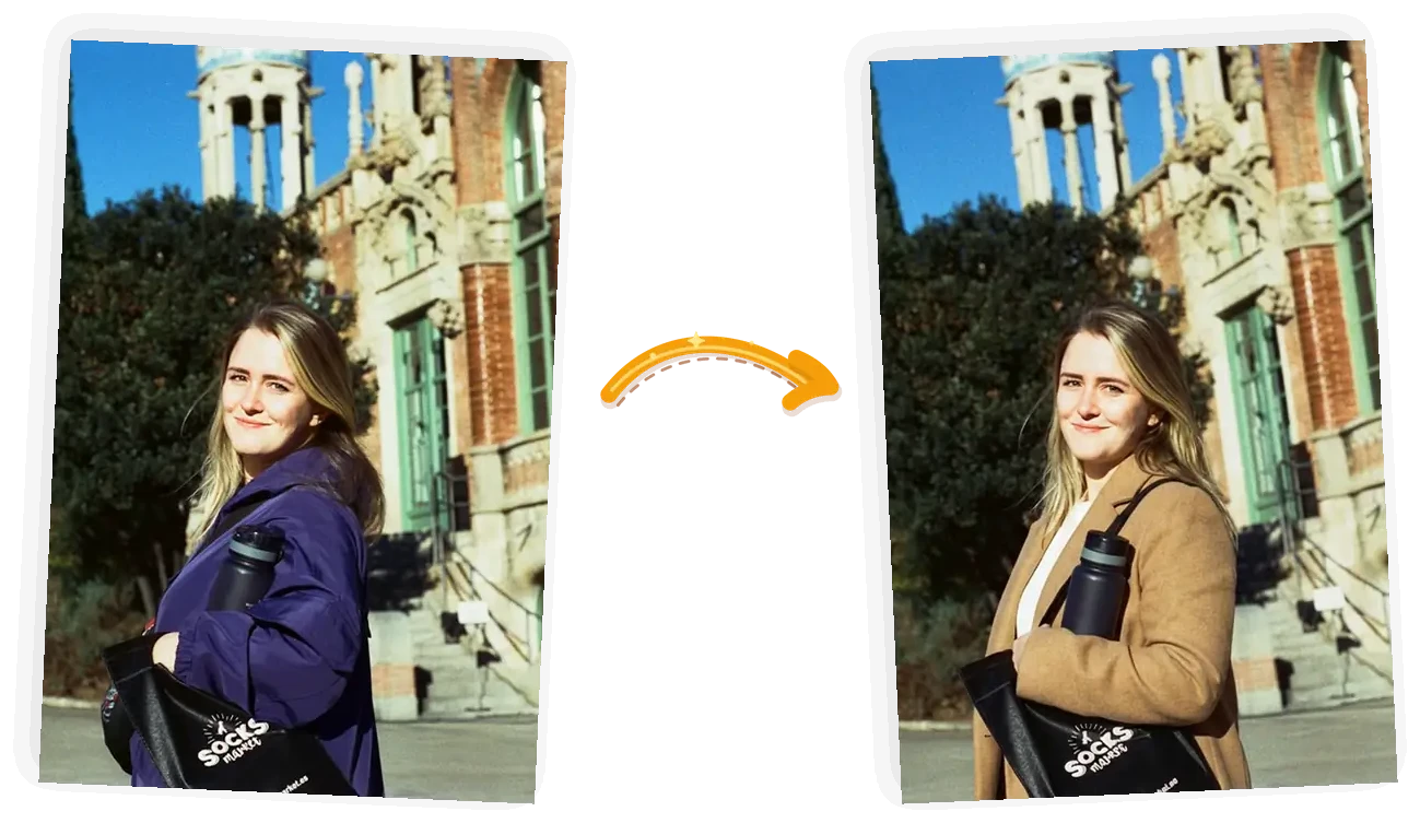 Before and after: a purple jacket swapped for a camel coat with the background unchanged