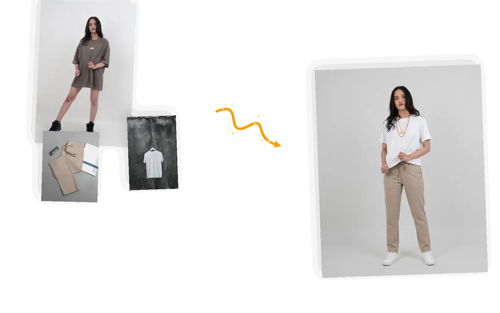 Two garment reference photos applied to one person in a single edit