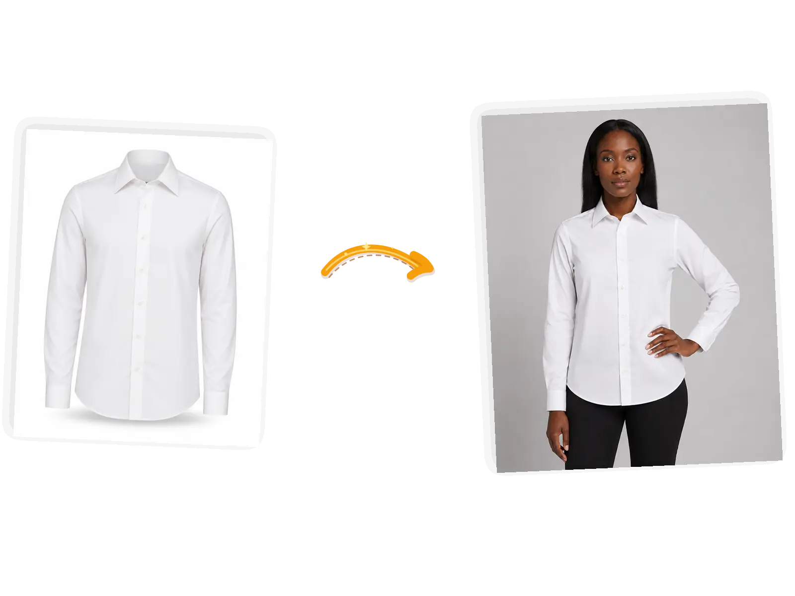 The white dress shirt leaves its ghost form and appears on a model with long dark hair, hand on hip