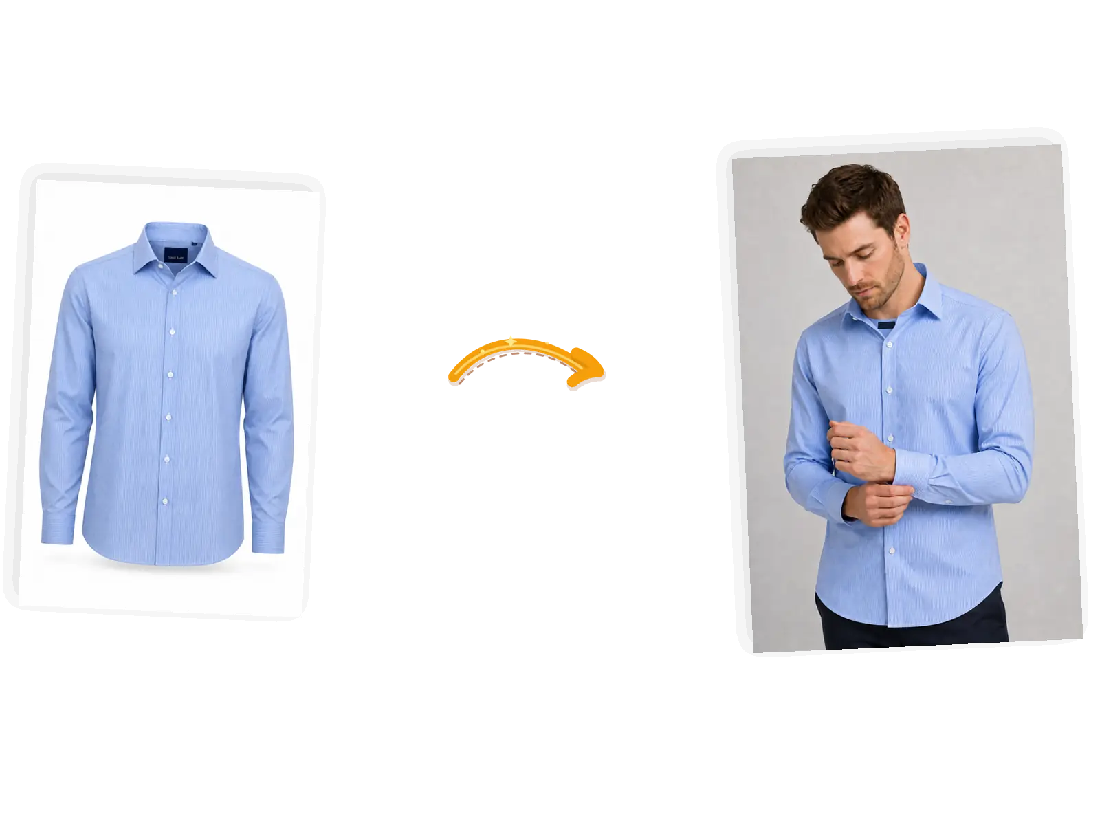 The striped shirt appears on a male model in three-quarter view adjusting his cuff, label still in place