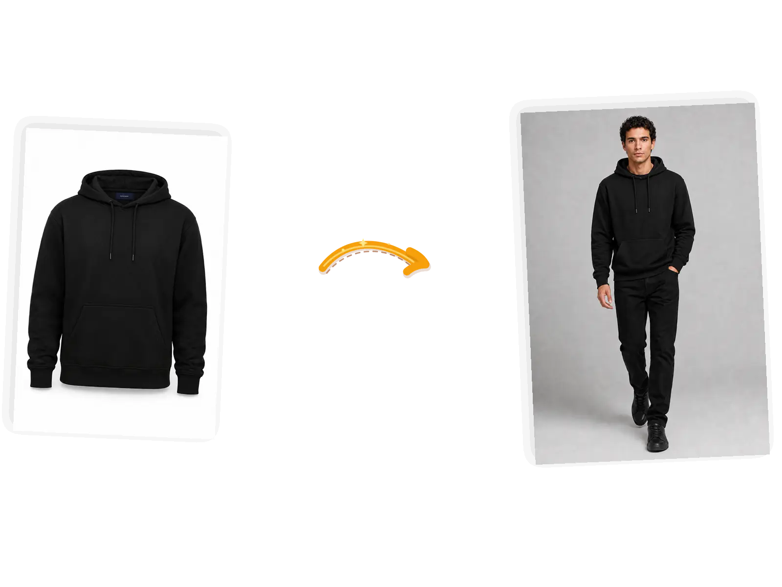 The black hoodie appears on a curly-haired model walking toward the camera