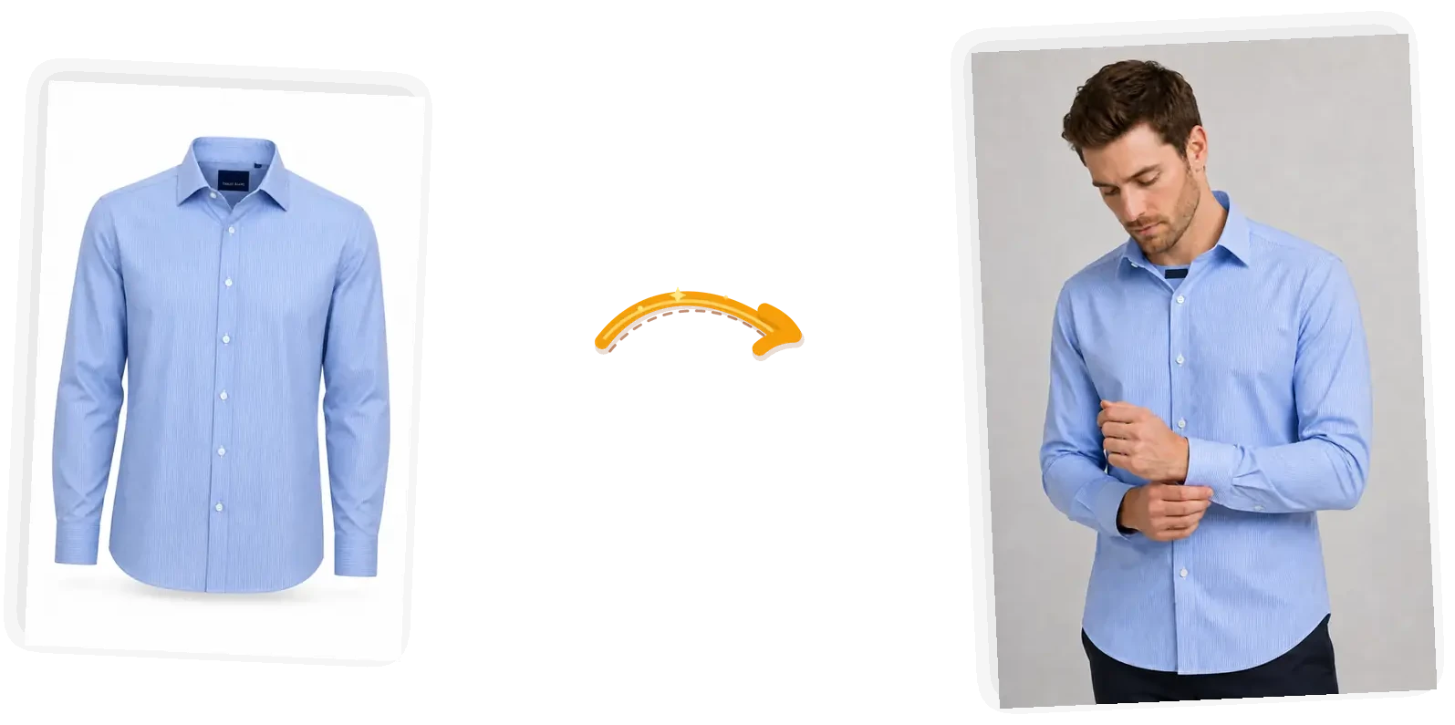 The striped shirt appears on a male model in three-quarter view adjusting his cuff, label still in place