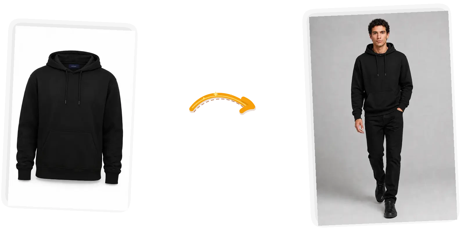 The black hoodie appears on a curly-haired model walking toward the camera