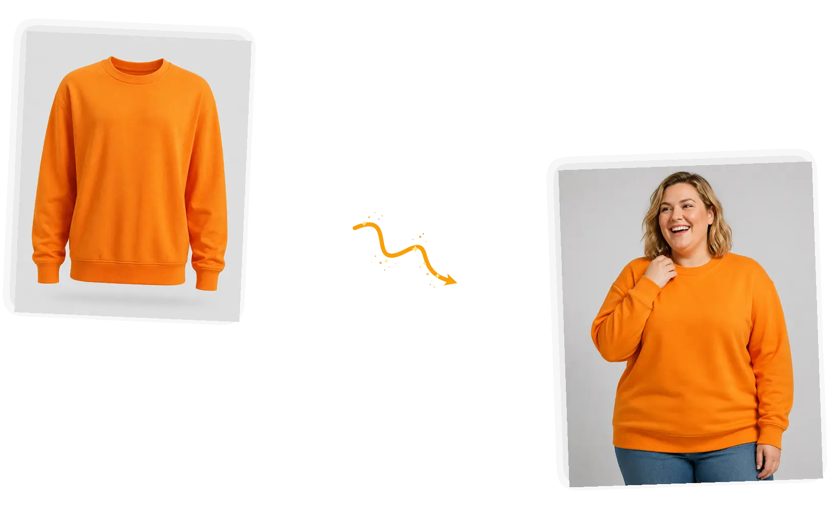 An orange sweatshirt from a ghost product shot appears on a laughing plus-size model with blonde hair