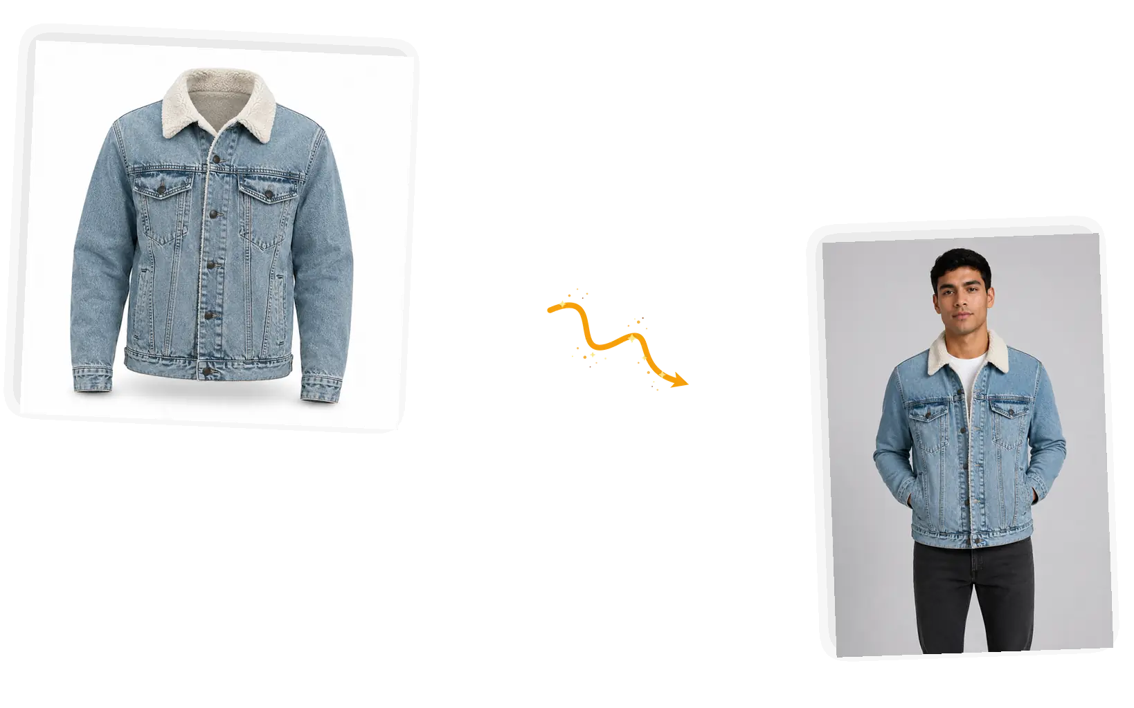 A denim jacket with a sherpa collar appears on a male model standing with his hands in the pockets