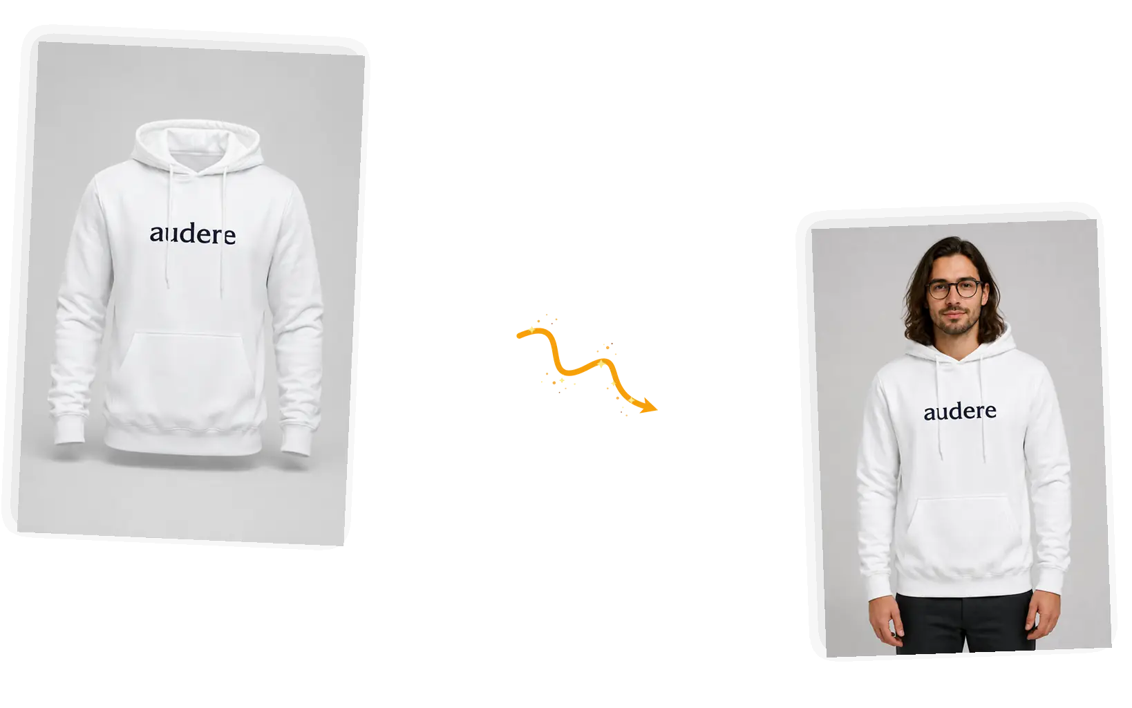 A white printed hoodie appears on a model with glasses standing relaxed in a studio