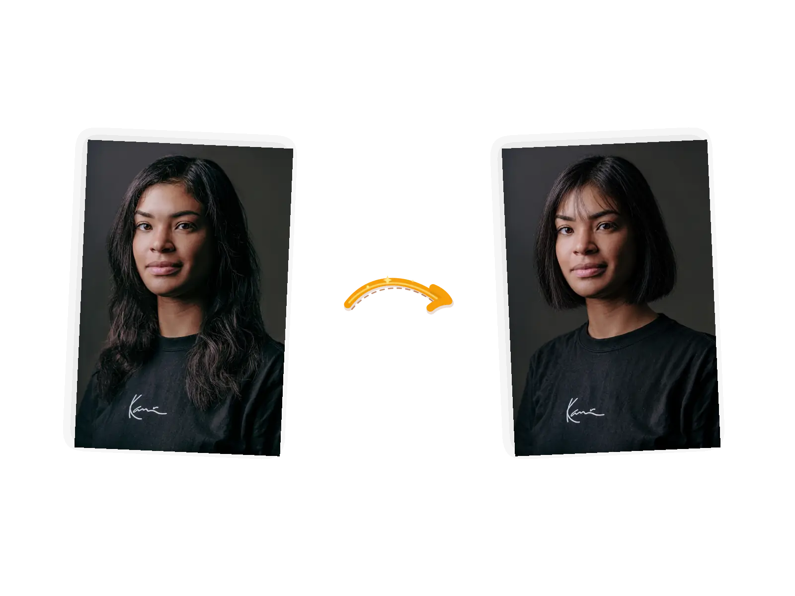 The hairstyle edit: the same woman, her long hair replaced by a chin-length bob with soft bangs while her face, top, and the dark background stay identical.