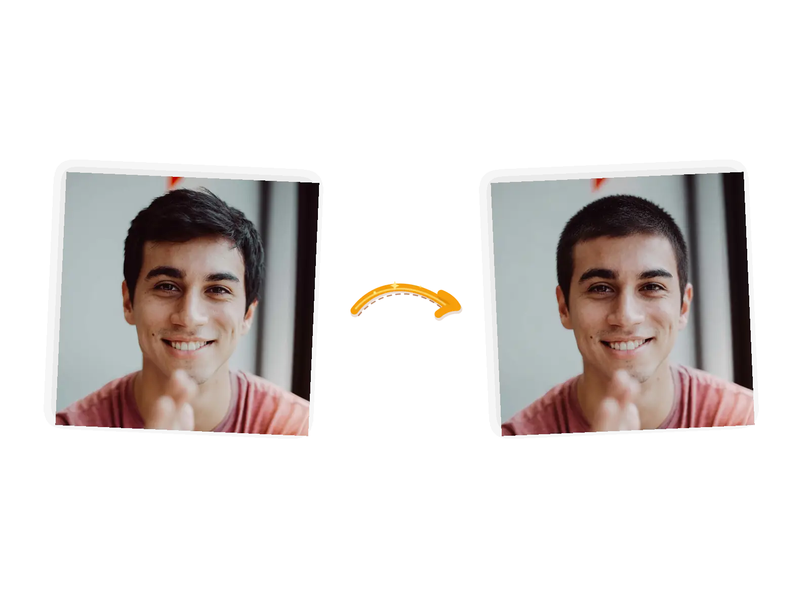The hairstyle edit: the same man with his short hair trimmed to a close buzz cut while his face, beard, red shirt, and the gray background stay identical.
