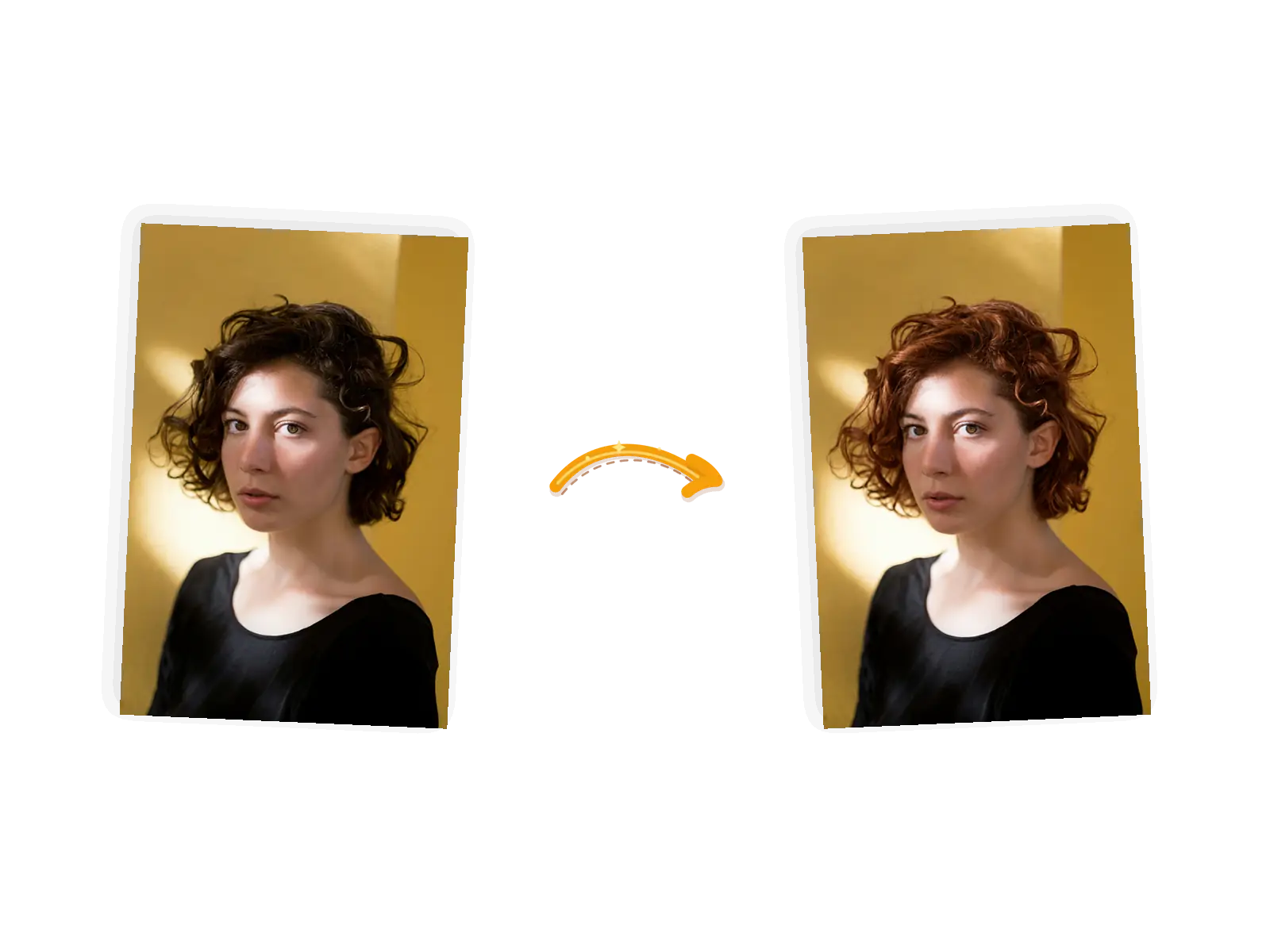 The hairstyle edit: the same woman with her dark curls recolored to warm copper while her face, top, and the mustard background stay identical.