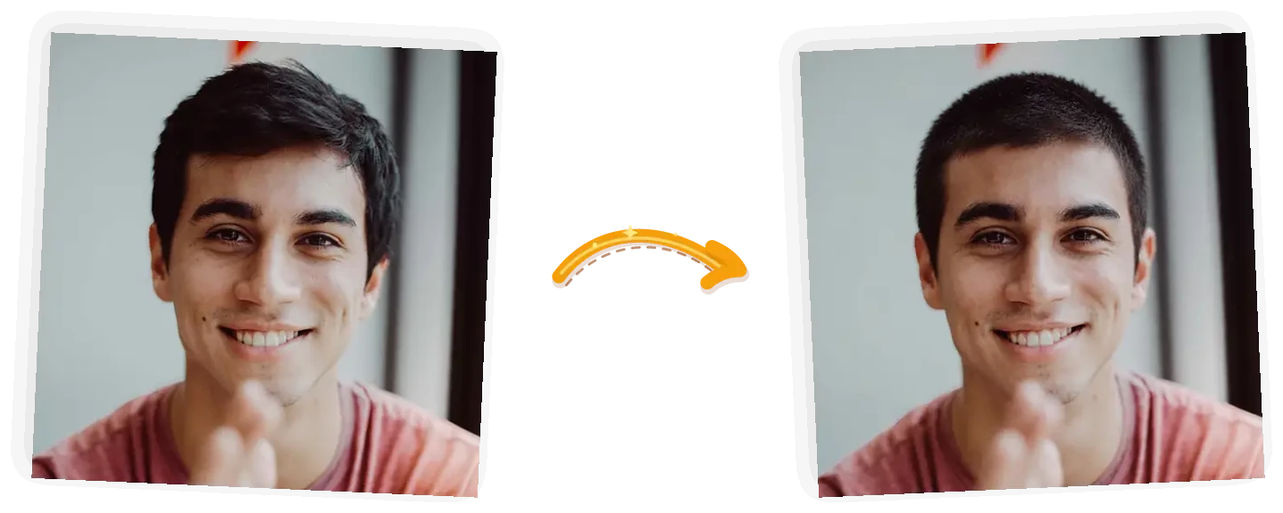 The hairstyle edit: the same man with his short hair trimmed to a close buzz cut while his face, beard, red shirt, and the gray background stay identical.