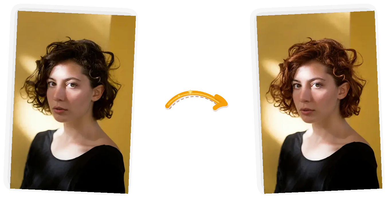 The hairstyle edit: the same woman with her dark curls recolored to warm copper while her face, top, and the mustard background stay identical.