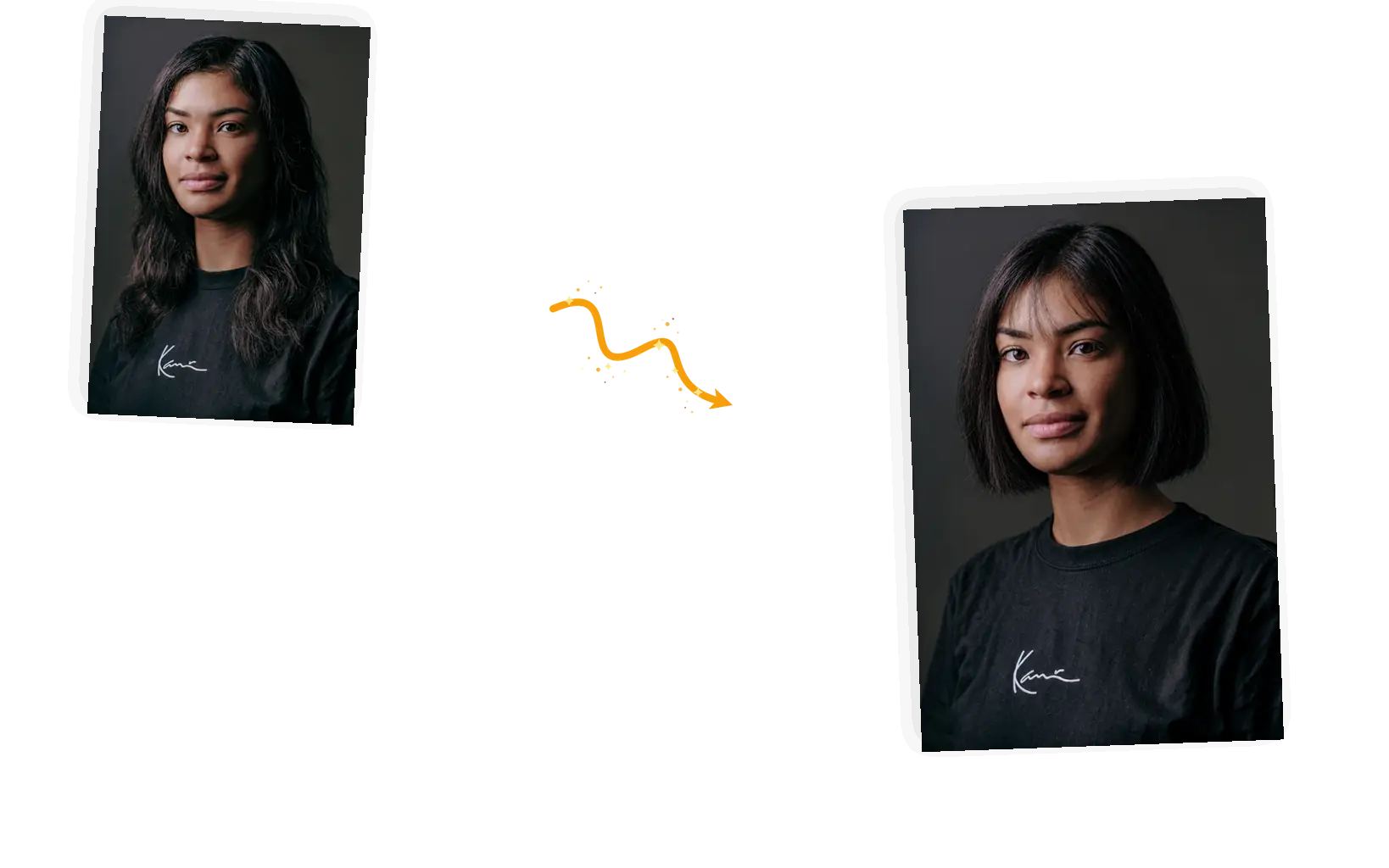 Before and after: long dark hair becomes a chin-length bob with soft bangs while the face, top, and background stay identical.