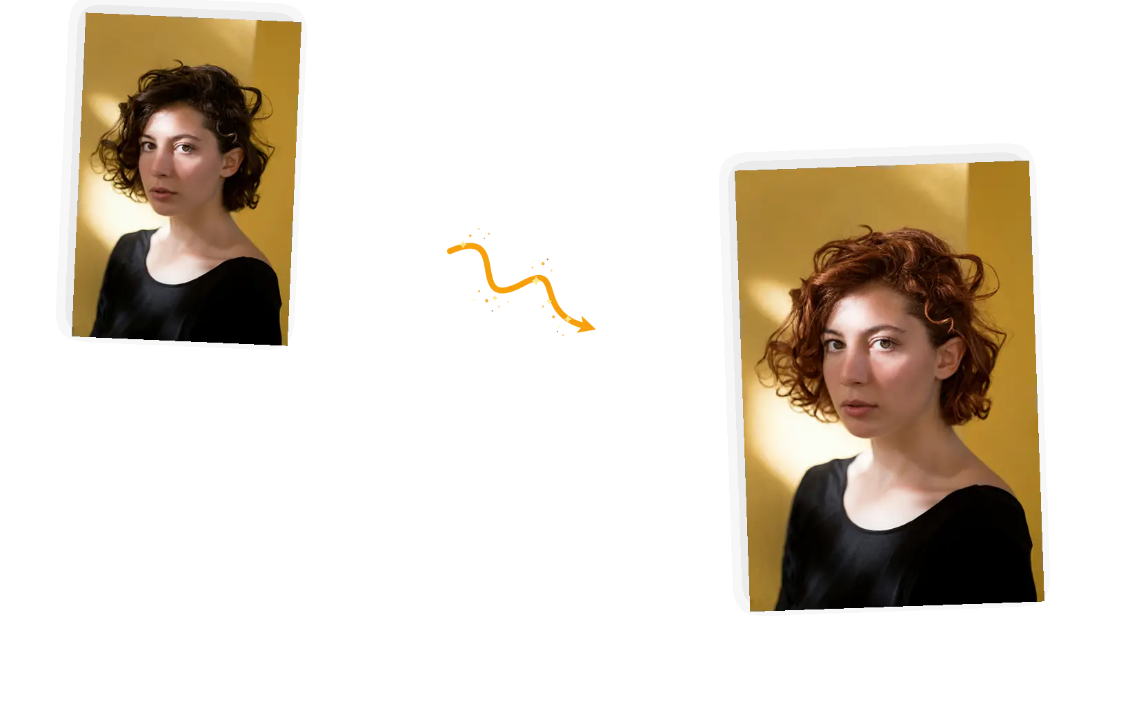 Before and after: dark hair recolored to warm copper on the same face, the eyes, smile, and top unchanged.