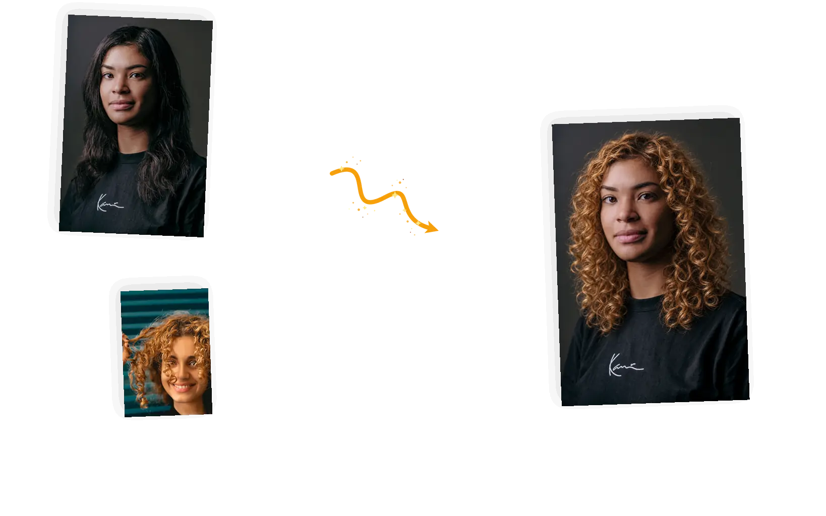 Two inputs, one result: a straight-haired portrait plus a reference photo of golden curls, and the same portrait wearing those curls.