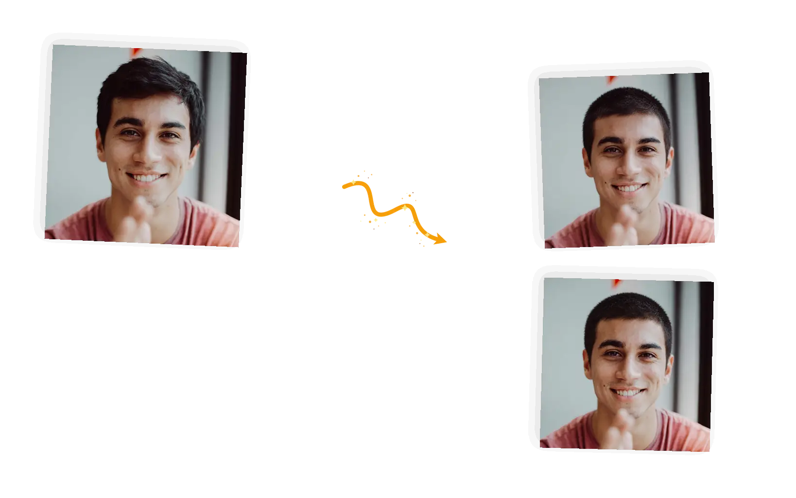 Before and after: the same portrait taken to a close buzz cut in two attempts, the face holding steady across both results.