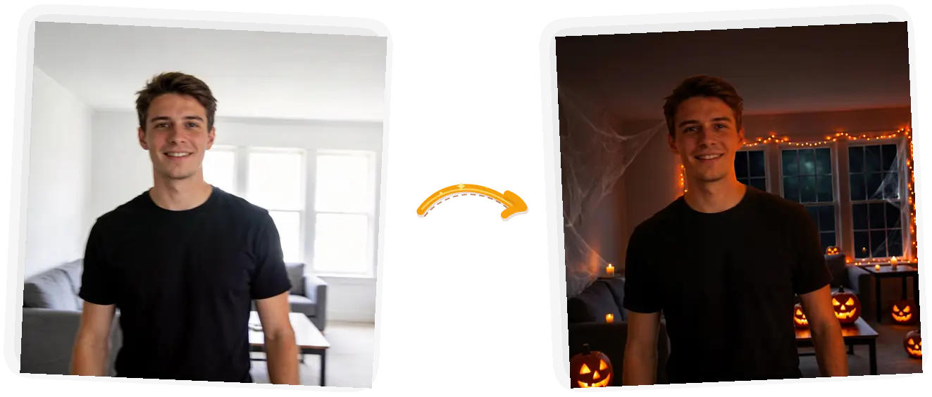The scene: a plain living room becomes a jack-o-lantern-lit Halloween set, same man.
