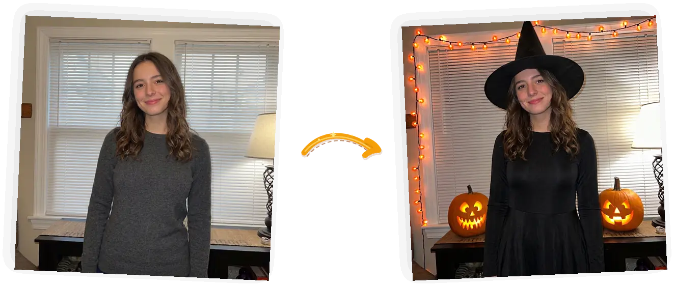 The costume: a witch dress and pointed hat, and the plain room now glows with jack-o-lanterns.