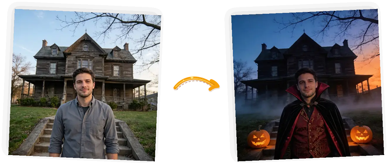 The costume: a velvet cape and vest, and the porch turns into a foggy manor night with glowing pumpkins.
