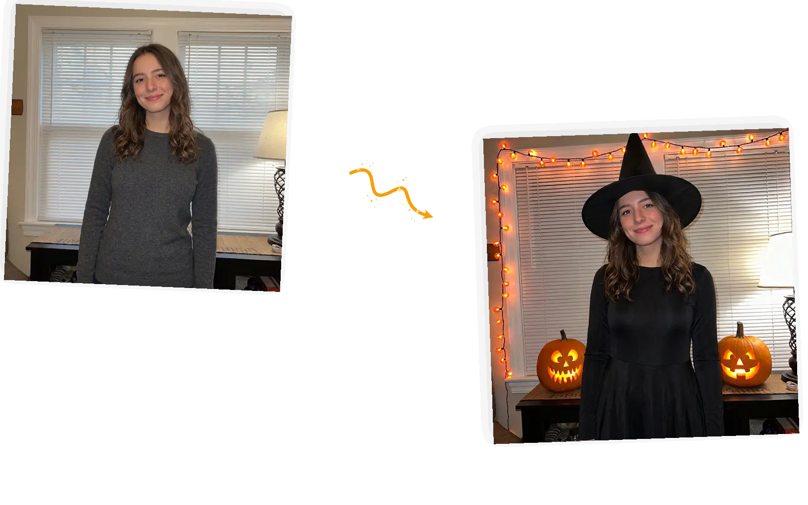 A prompted witch costume applied to a photo in the editor.