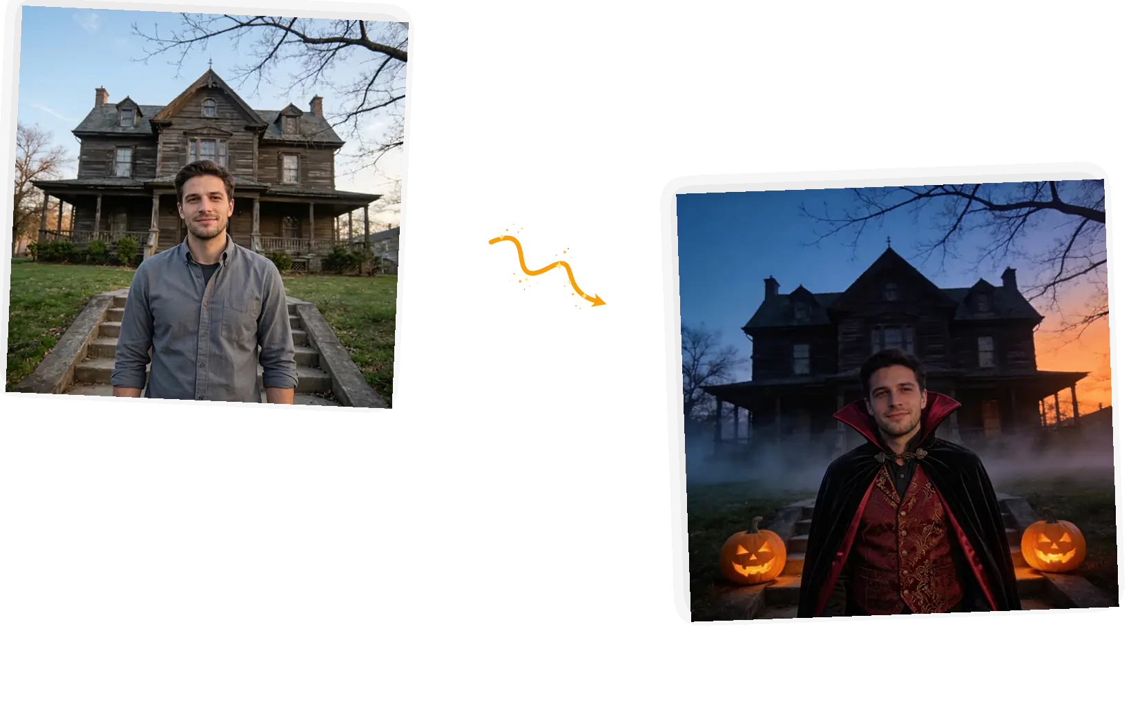 The same face and pose before and after a costume swap.