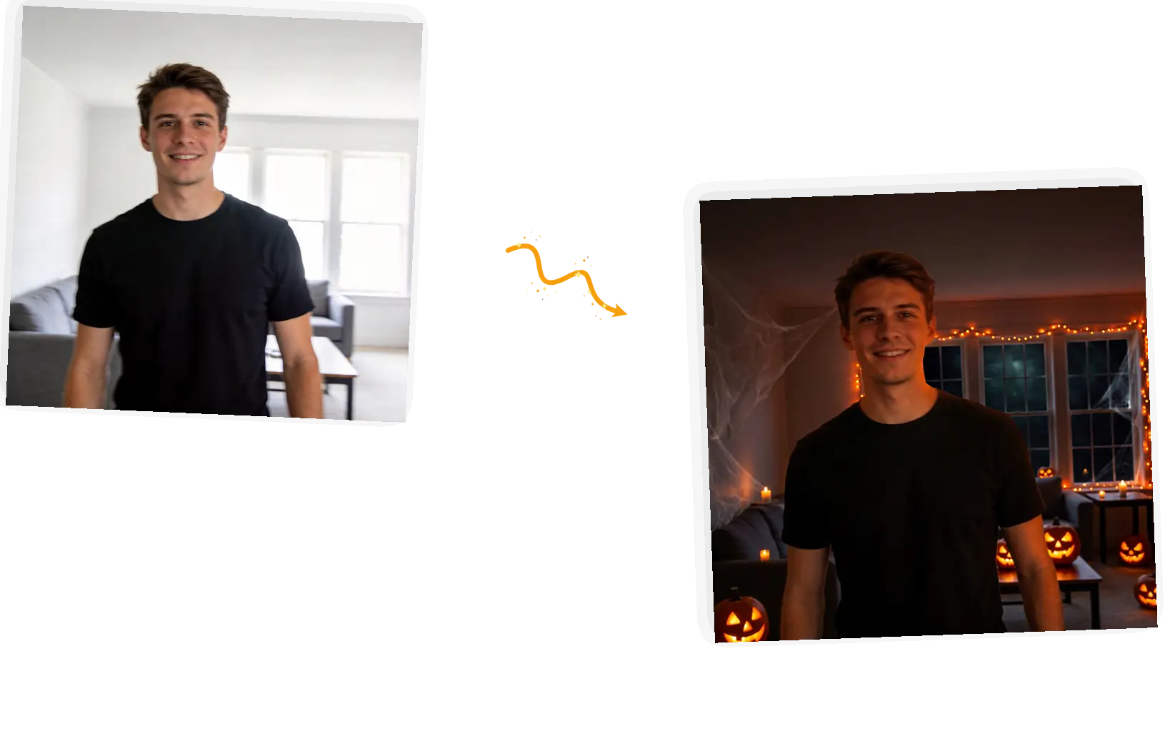 A plain living room transformed into a jack-o-lantern-lit Halloween set.