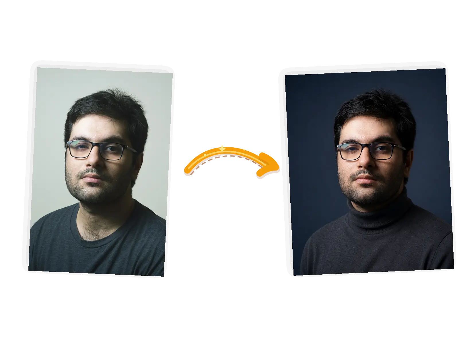 A casual photo of a man with glasses becomes a headshot in a charcoal turtleneck against a dark slate background