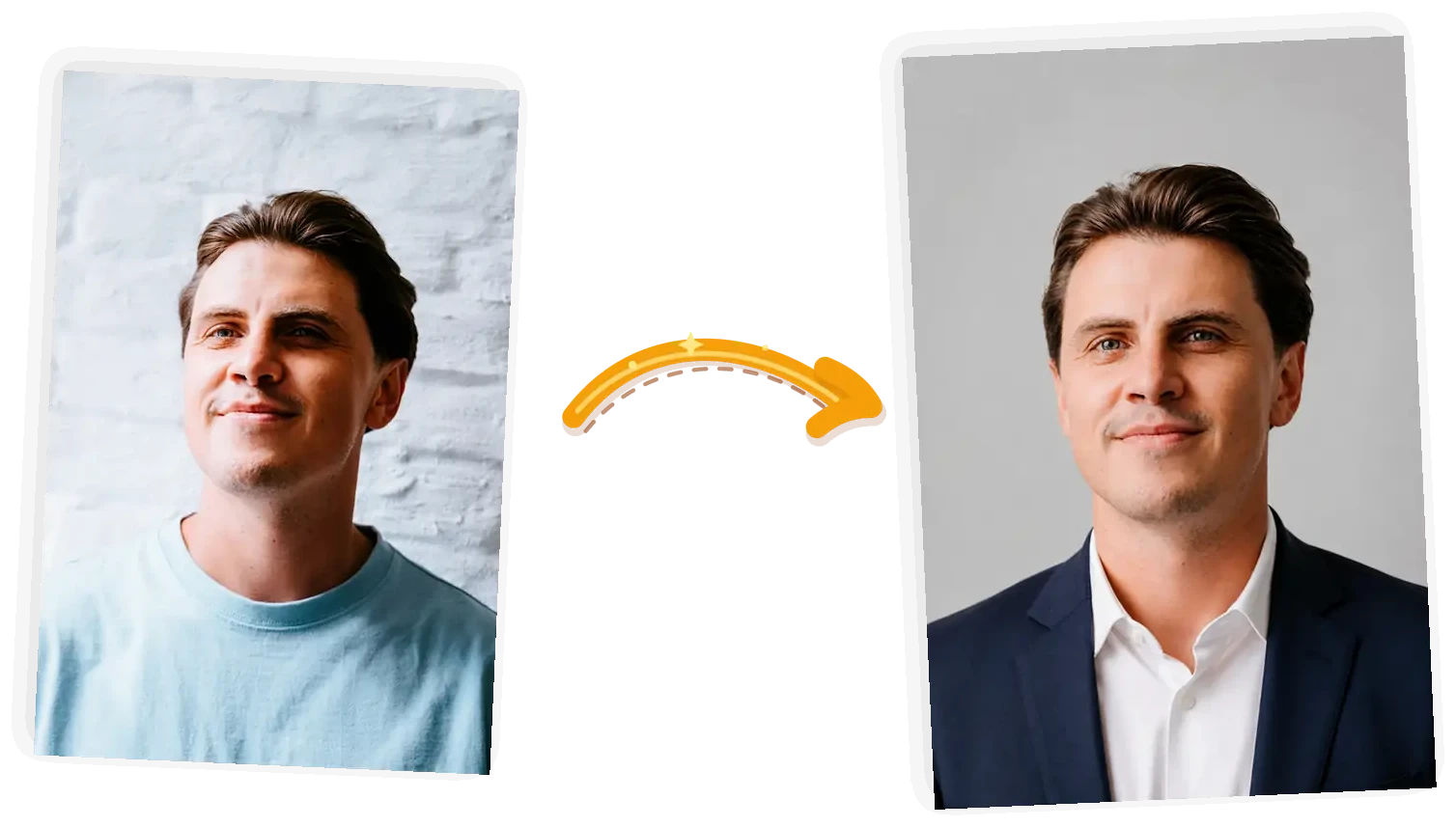 A casual photo of a man in a light blue tee becomes a studio headshot of the same man in a navy blazer