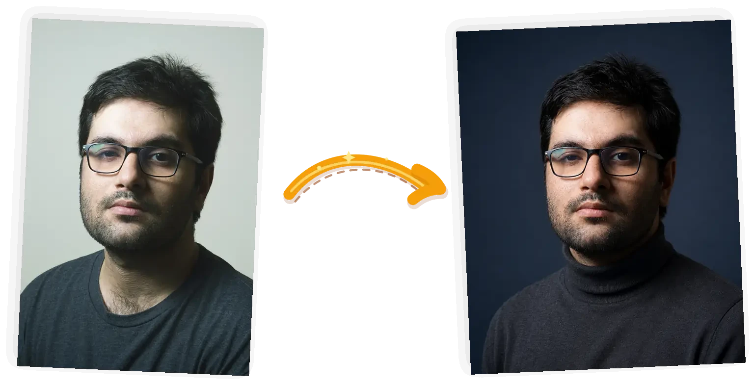 A casual photo of a man with glasses becomes a headshot in a charcoal turtleneck against a dark slate background