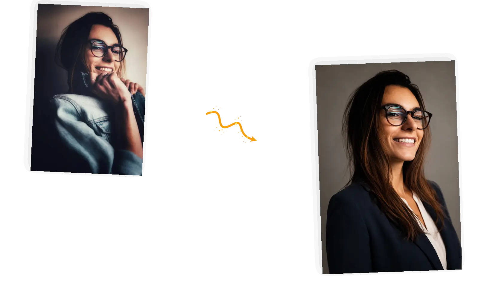 A smiling woman with glasses moves from a casual denim jacket photo to a studio headshot in a blazer, same smile and glasses