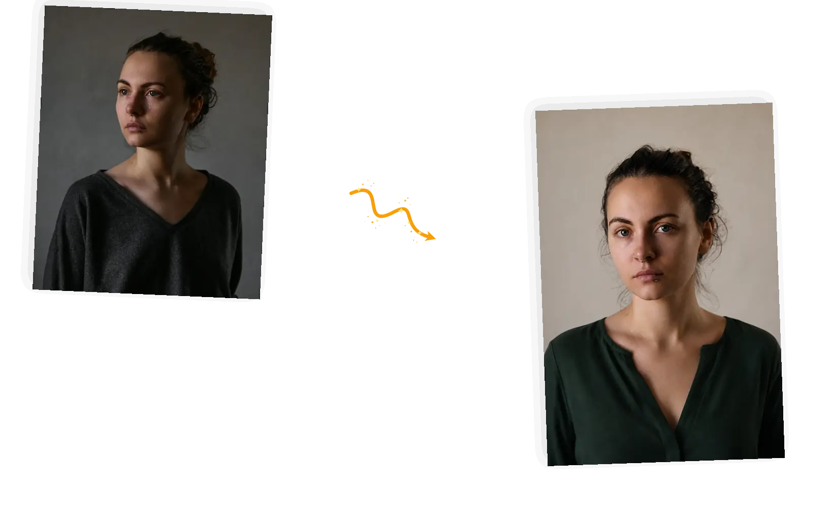 A moody portrait photo becomes a softly lit headshot in a dark green blouse