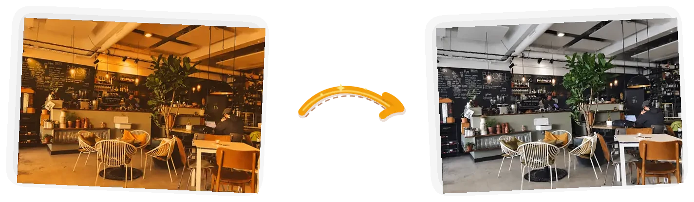 The fix: the same cafe with the orange tungsten glow neutralized, whites reading white and wood keeping its warmth.