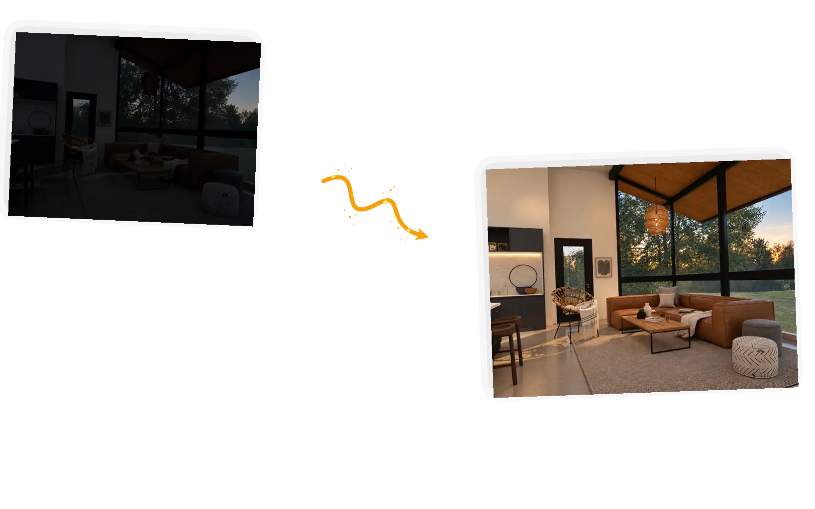 Before and after: the dark living room brought up to natural brightness with every piece of furniture unchanged.