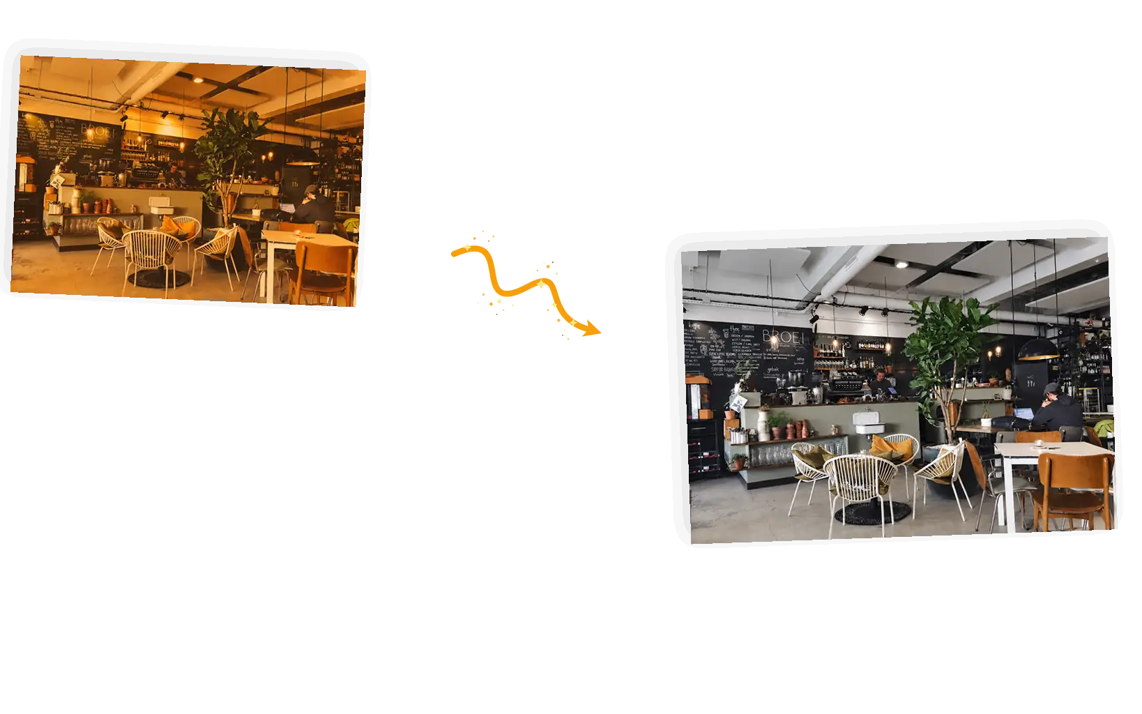 Before and after: the yellow cast lifted from the cafe while skin tones, wood, and whites all read naturally.