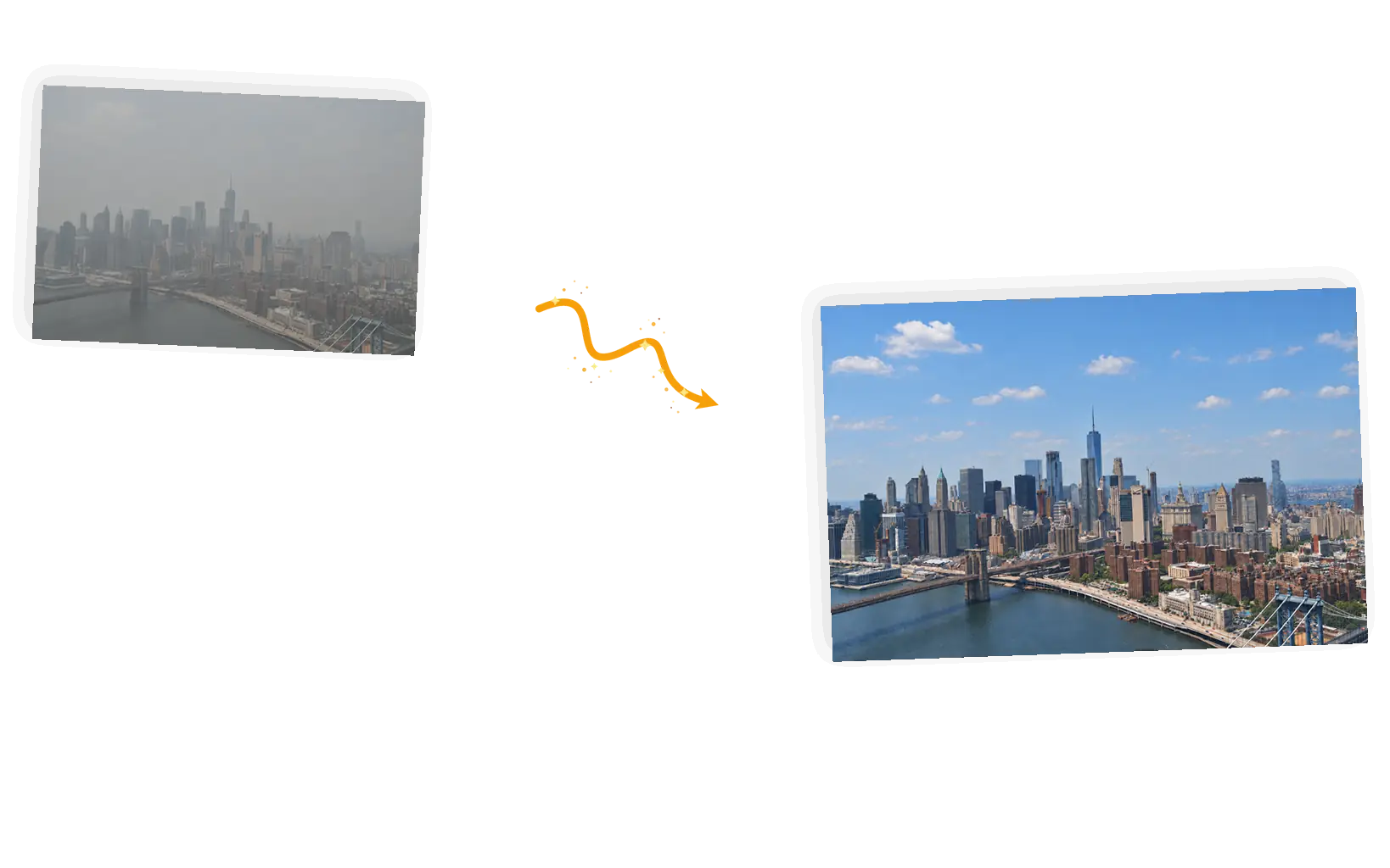 Before and after: the hazy skyline cleared, building edges and color depth restored without redrawing the scene.