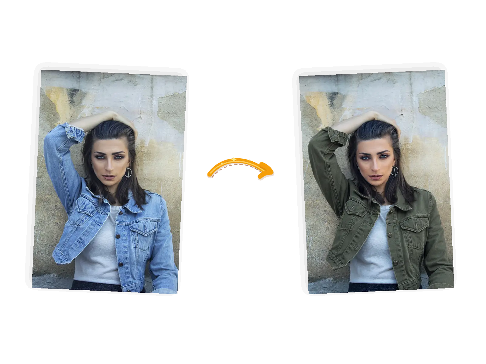 The garment edit: the denim jacket turns olive green while her face, pose, and the wall stay