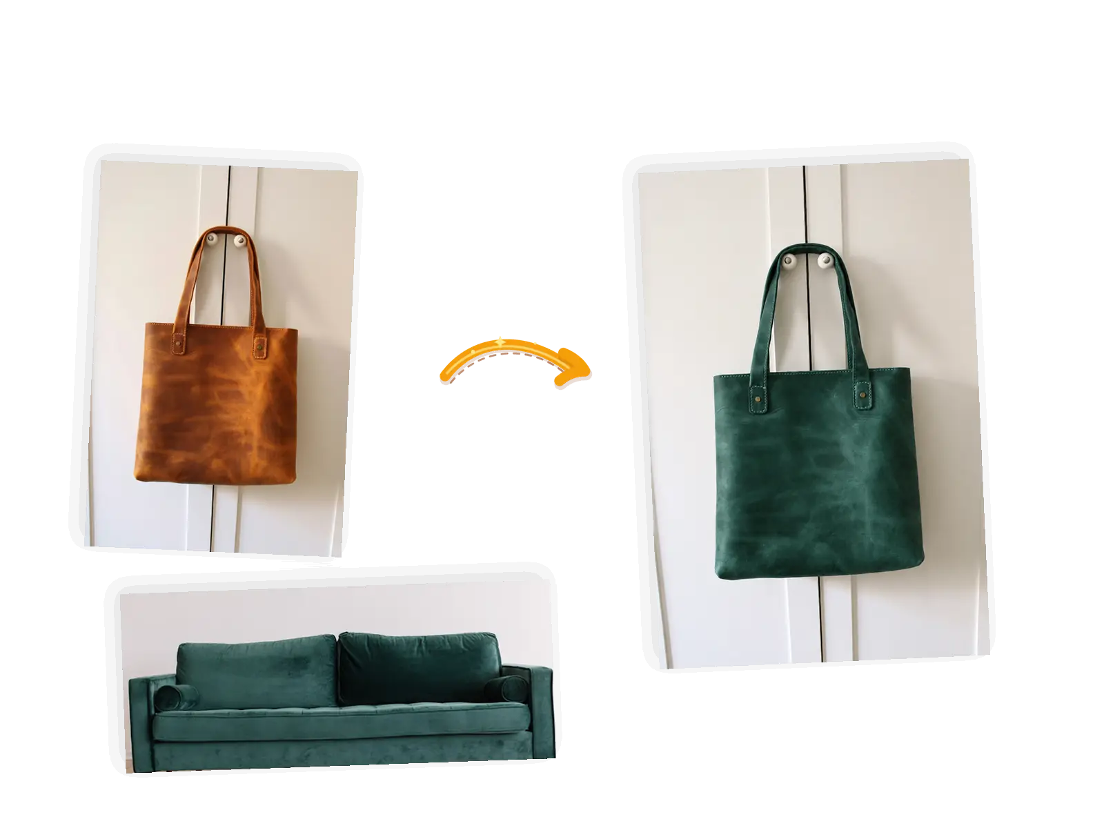 The reference edit: the brown leather tote takes on the sofa's dark green while the texture and background stay