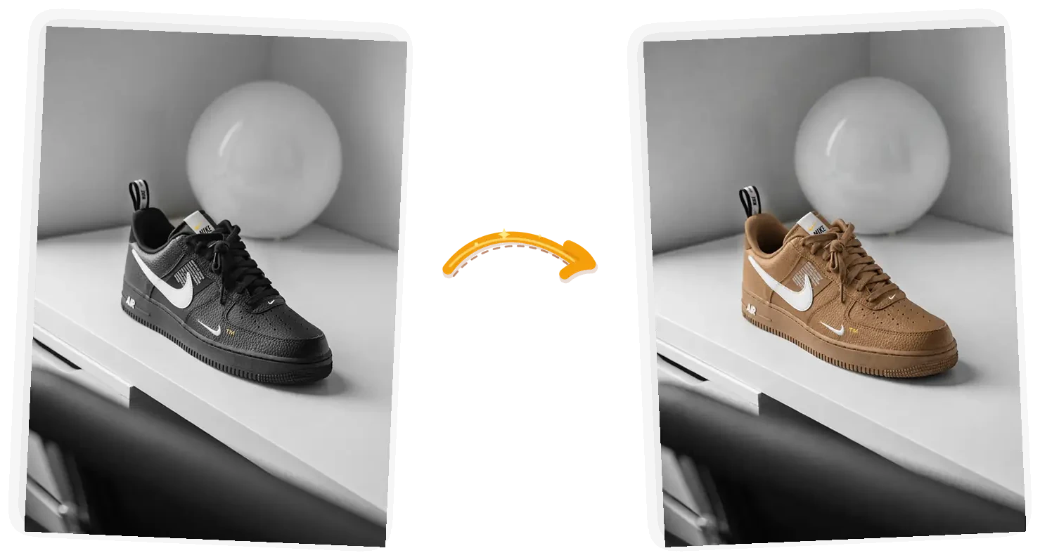 The product edit: the black sneaker turns tan while the white swoosh, the laces, and the desk stay