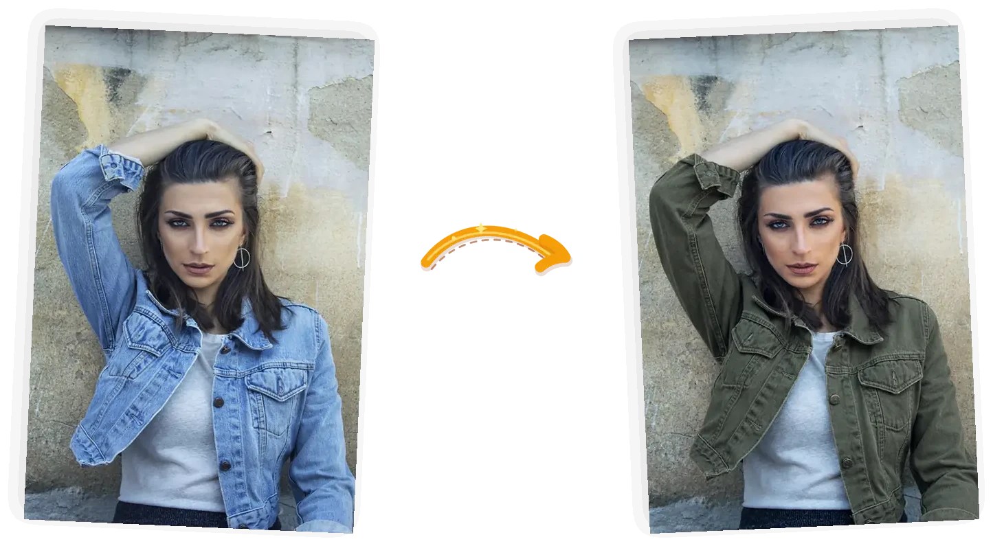 The garment edit: the denim jacket turns olive green while her face, pose, and the wall stay