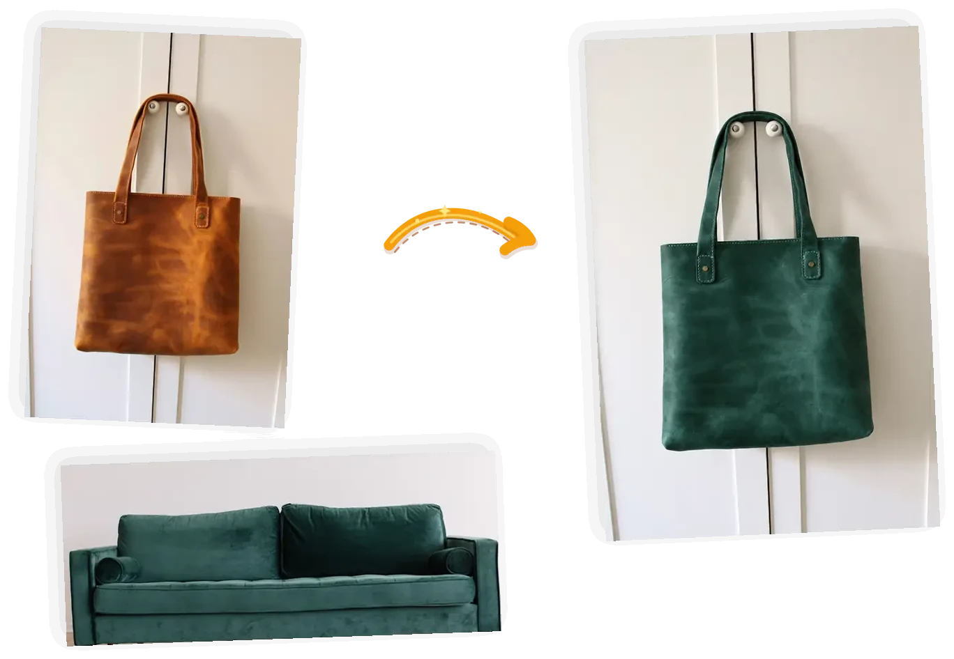 The reference edit: the brown leather tote takes on the sofa's dark green while the texture and background stay