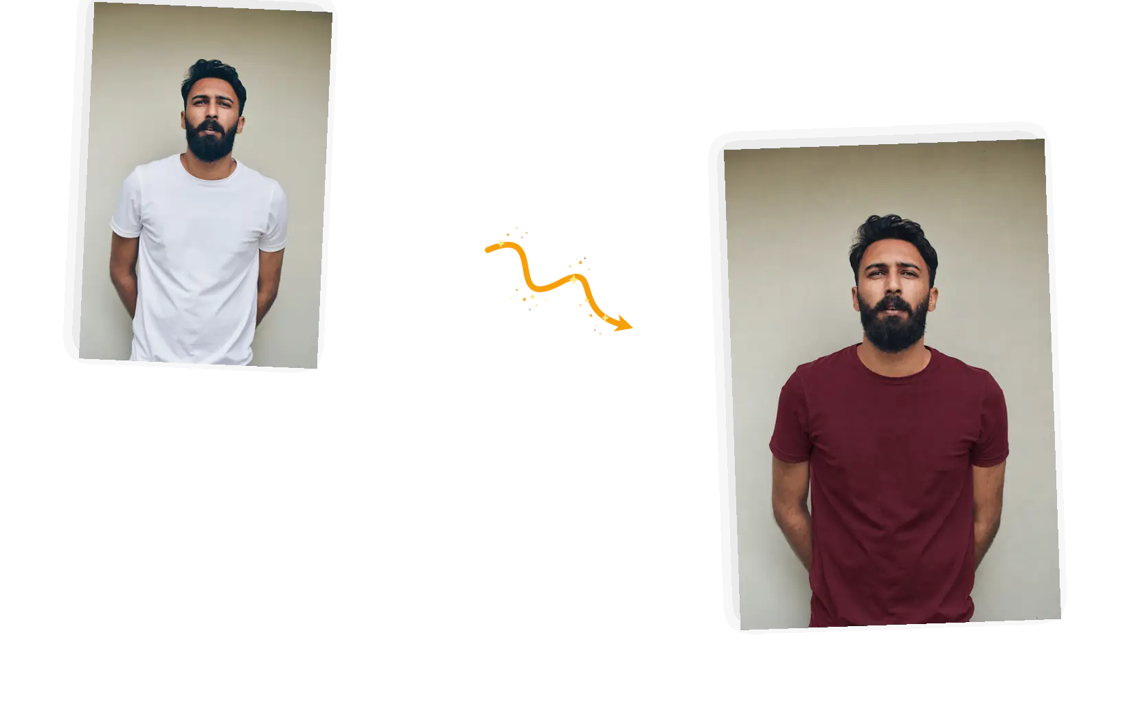 A white t-shirt turns burgundy while his face, beard, and the plain wall stay
