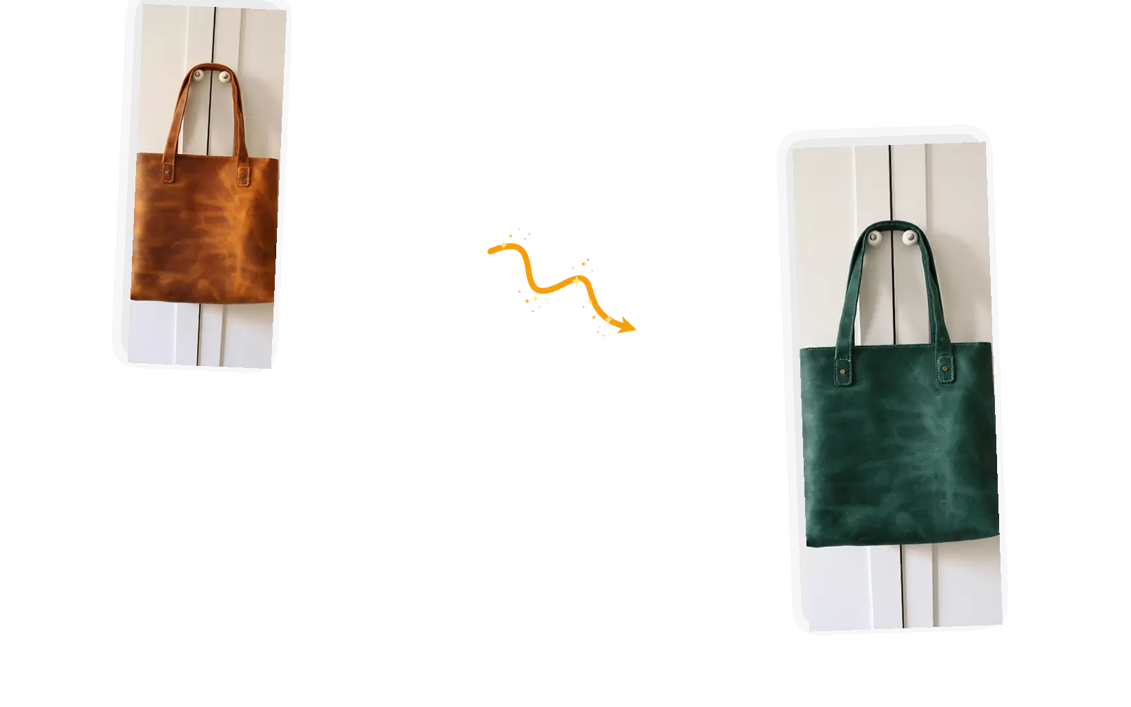 A brown leather tote takes on the dark green of a sofa in a second photo