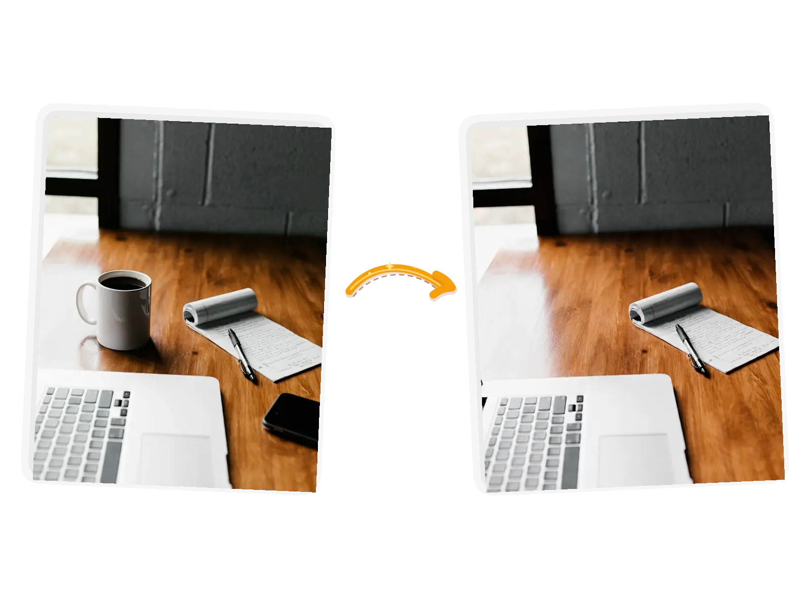 The clutter edit: the same desk with the mug and phone gone and the wood grain running through where they sat