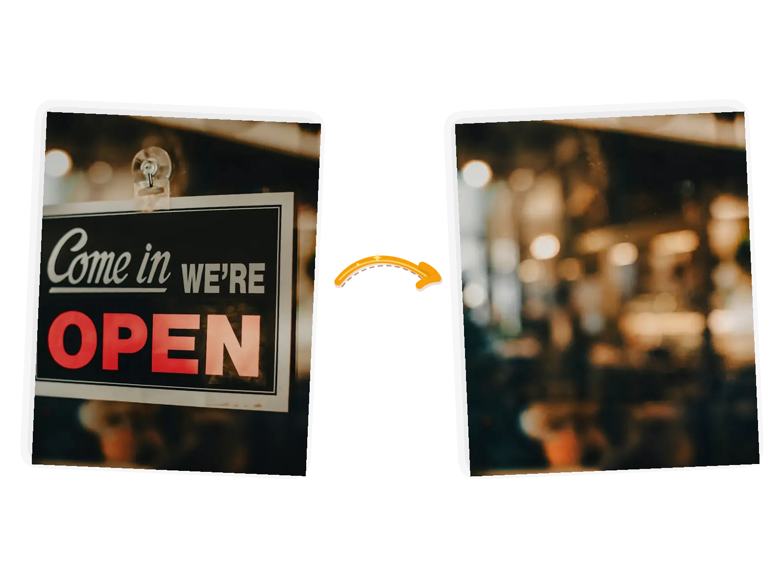 The sign edit: the same glass door with the sign gone and the blurred interior visible behind the glass
