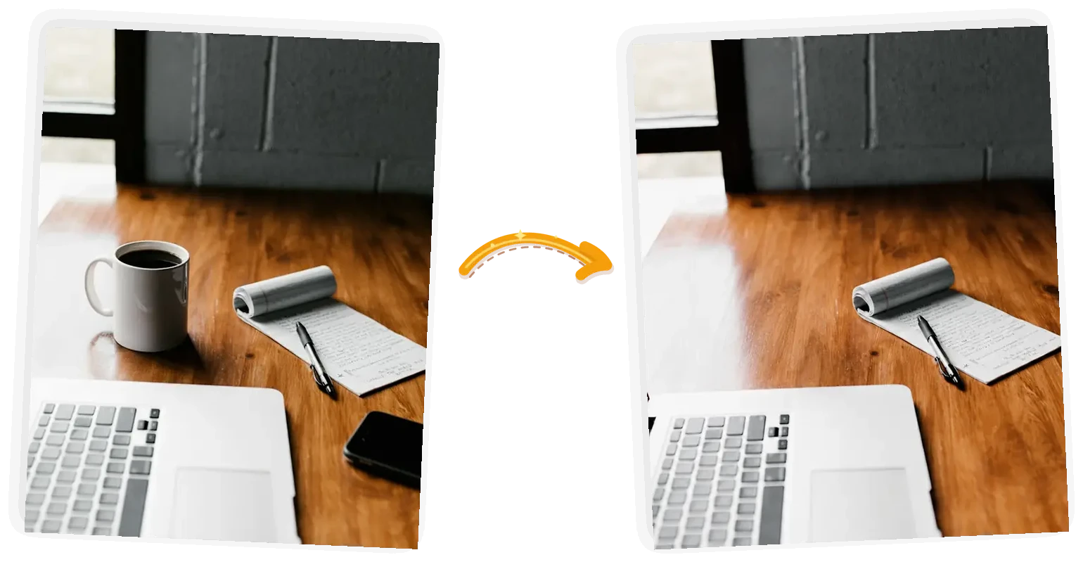 The clutter edit: the same desk with the mug and phone gone and the wood grain running through where they sat